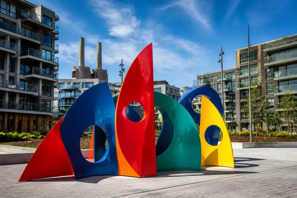 Sculptures modernes colorees decorant places publiques urbaines reconstruites