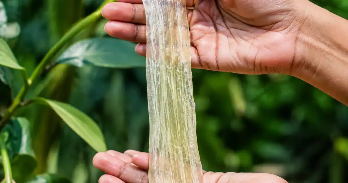 Gomme extraite de haricot indien, tenue verticalement entre deux mains ouvertes
