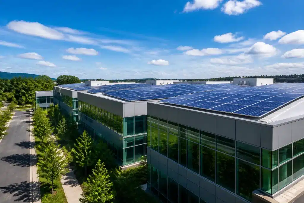 Batiments informatiques modernes avec panneaux solaires bleus brillants