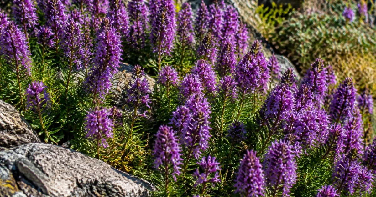 Grappes florales violettes dressees densement couvrant sol rocheux