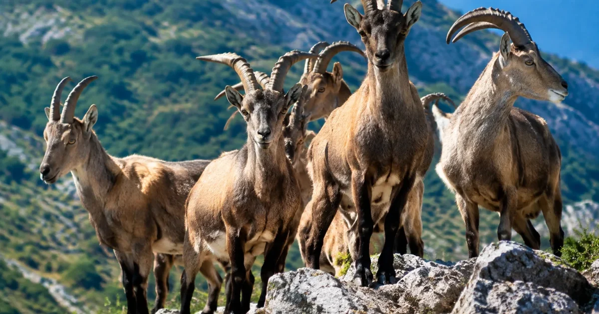 Groupe dense d'animaux sauvages debout sur terrain rocheux