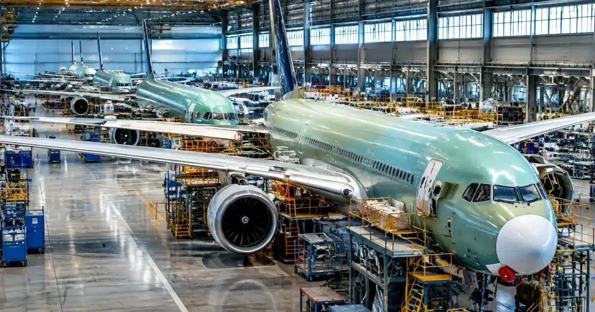 Immense hangar industriel Airbus avec avions alignes en construction