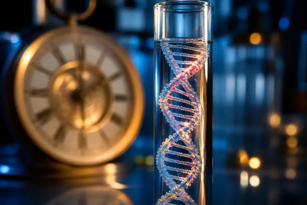 Helices ADN dans tube laboratoire avec horloge
