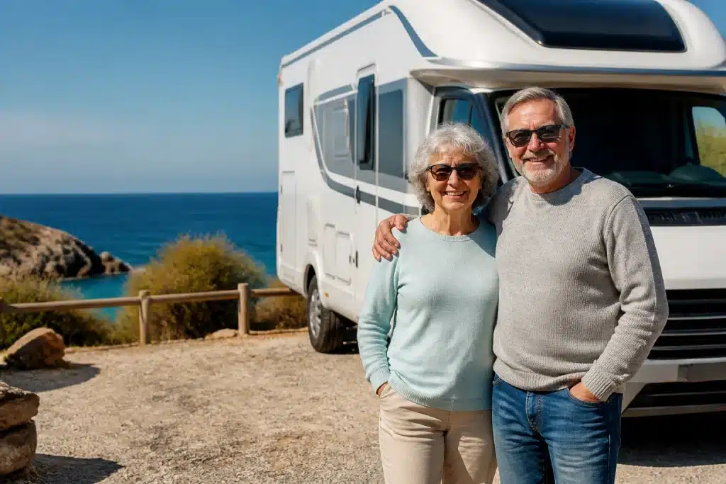 Couple de retraites devant camping-car stationne en Espagne