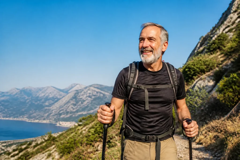Homme age souriant pratiquant activites physiques quotidiennes