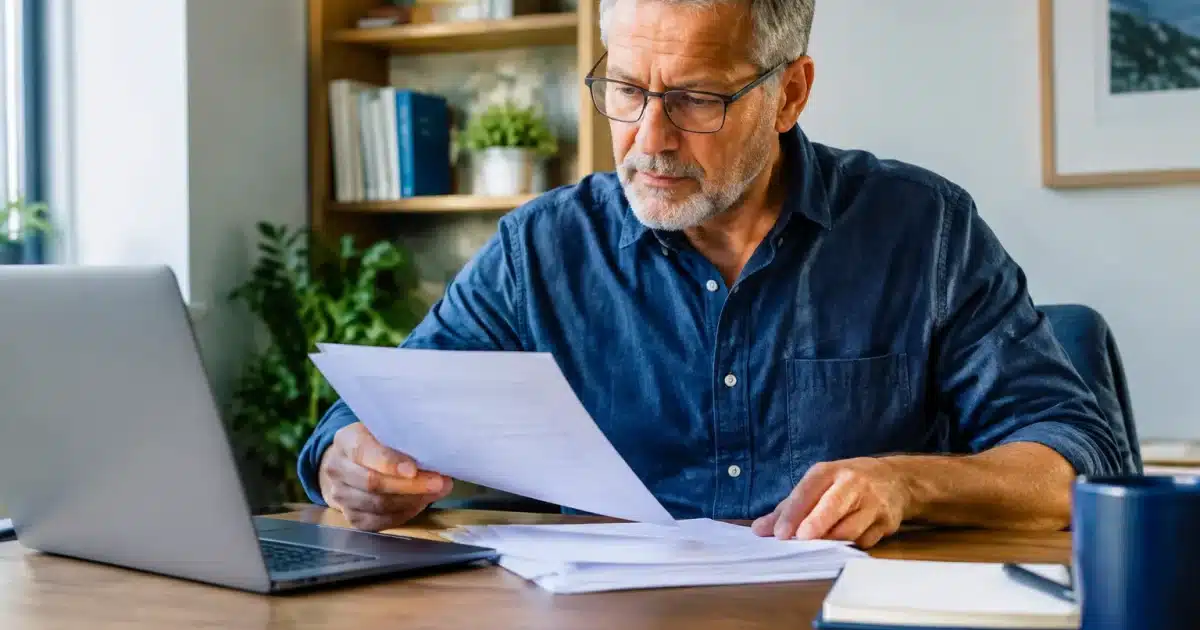 Homme assis a son bureau consulte documents retraite anticipee