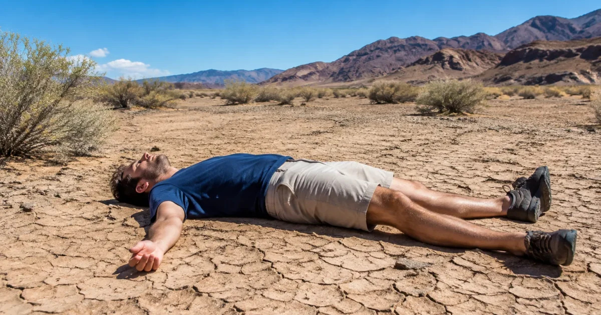 Homme etendu immobile sur sol desert aride