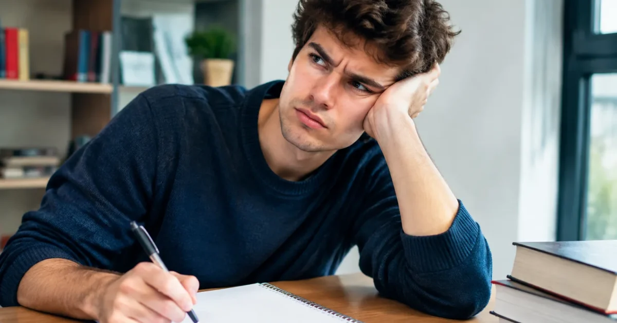 Homme coude sur table, etudiant notes, expression douteuse