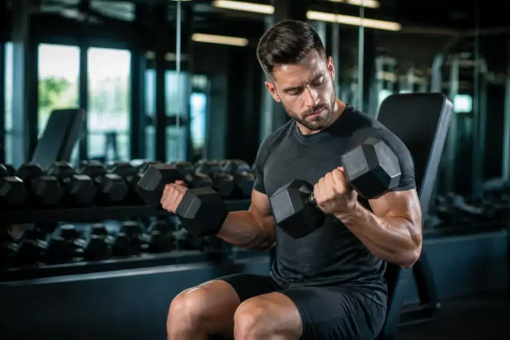 Homme soulevant des halteres en salle sport