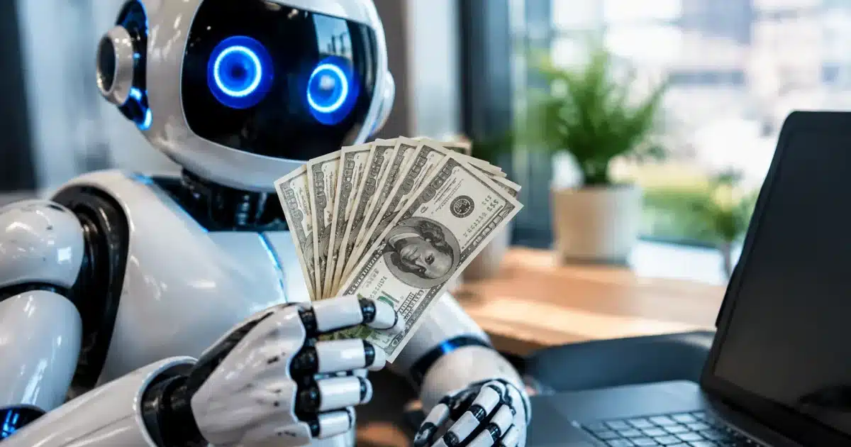 Robots numeriques brandissant des billets de dollars sur ecran d'ordinateur
