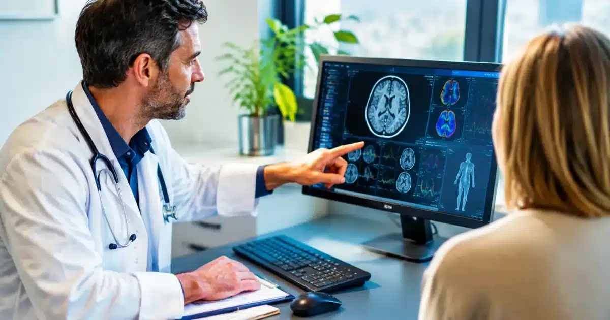 Medecin consultant ecran affichant donnees diagnostiques patients assis