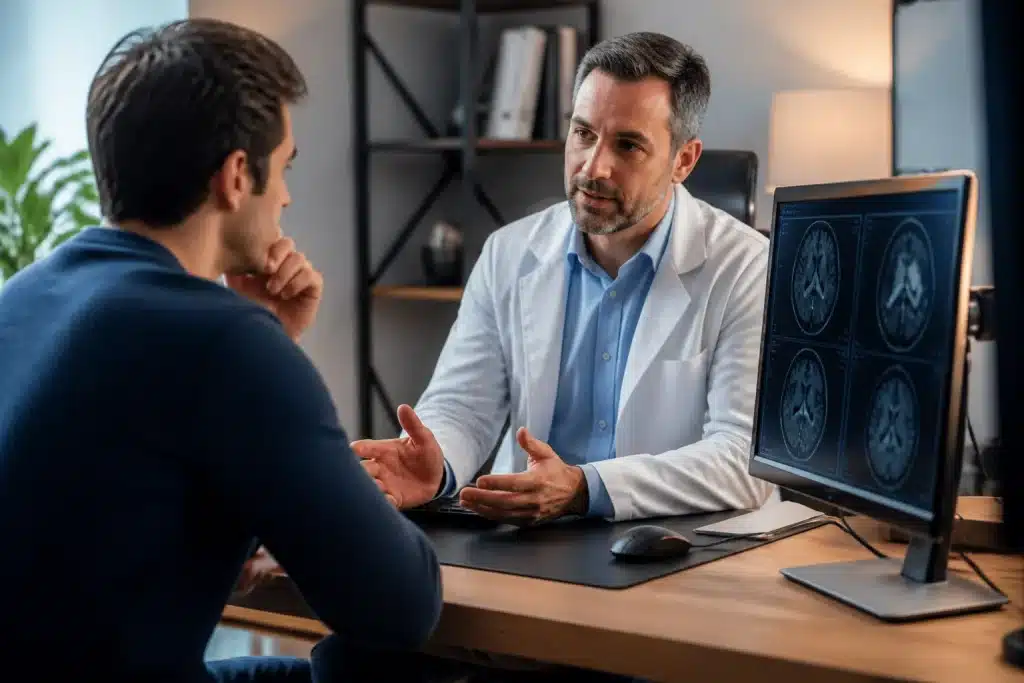 Ordinateur affichant données médicales face à psychiatre consultant patient