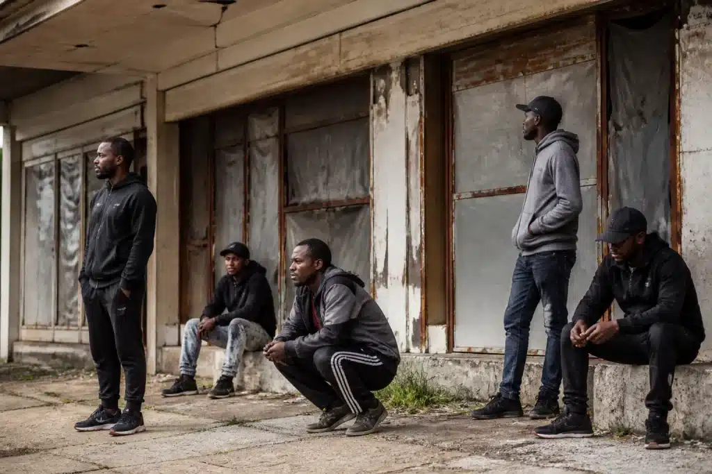 Hommes en attente devant batiment commercial desaffecte quartier