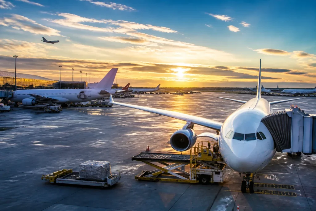 Terminaux aéroportuaires modernes avec pistes et avions stationnés