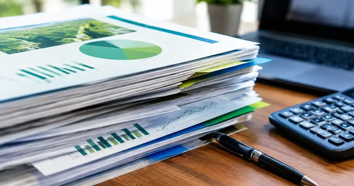 Documents financiers empiles montrant chiffres carbone incomplets
