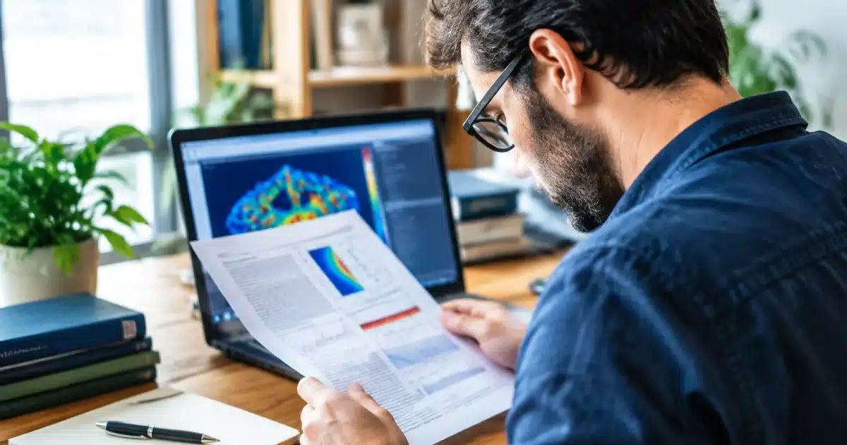 Chercheur lisant document scientifique devant ecran ordinateur