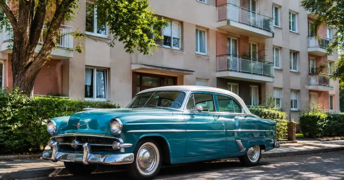 Voiture ancienne stationnee devant immeuble collectif modeste