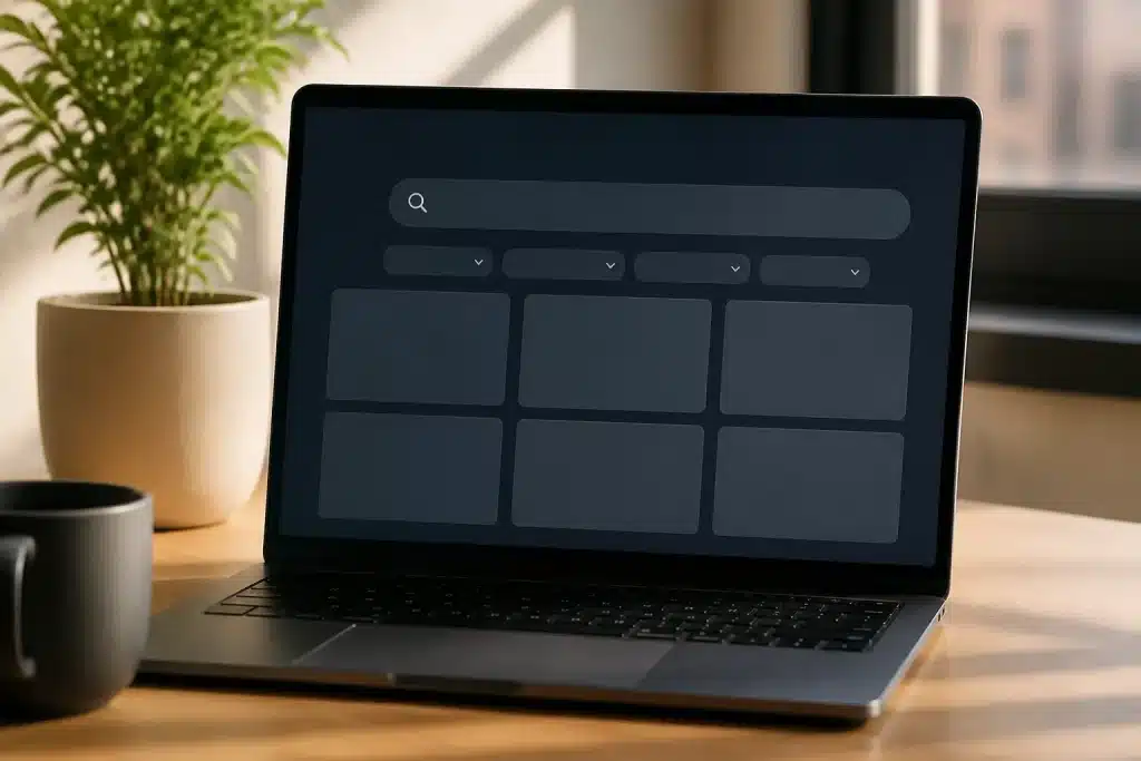 Ecran affichant interface de recherche avec filtres et barre de saisie