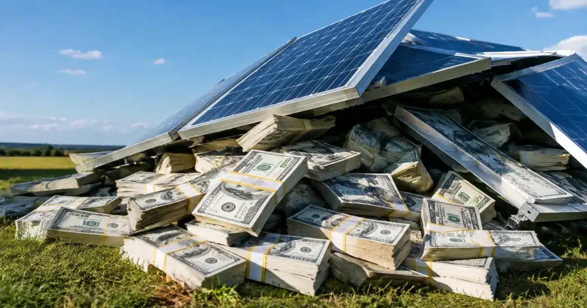 Piles de billets verts s'effondrant sous le poids de panneaux solaires