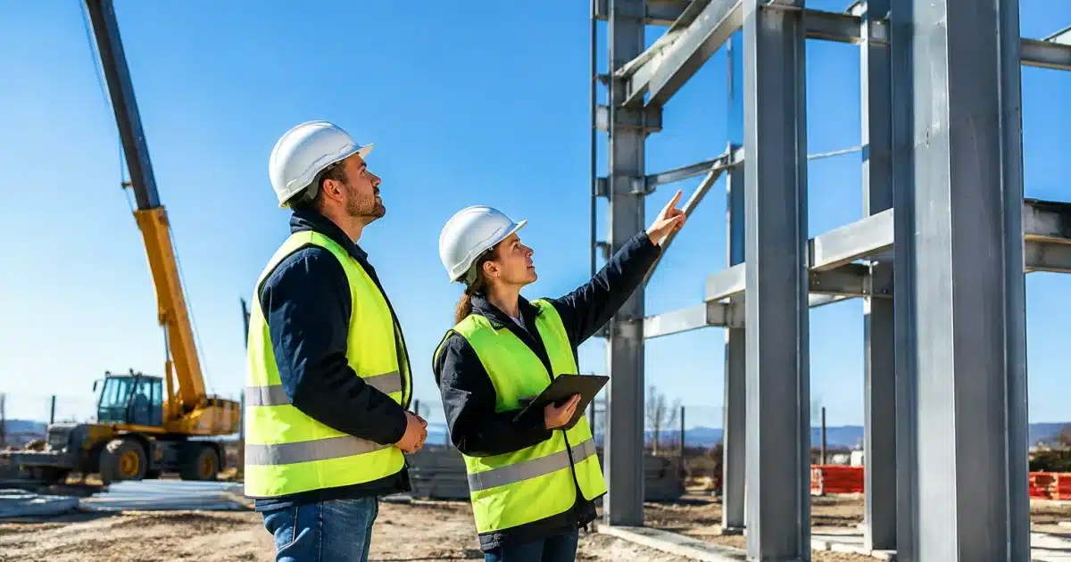 Chantier de construction avec ouvriers inspectant les structures metalliques assembles verticalement