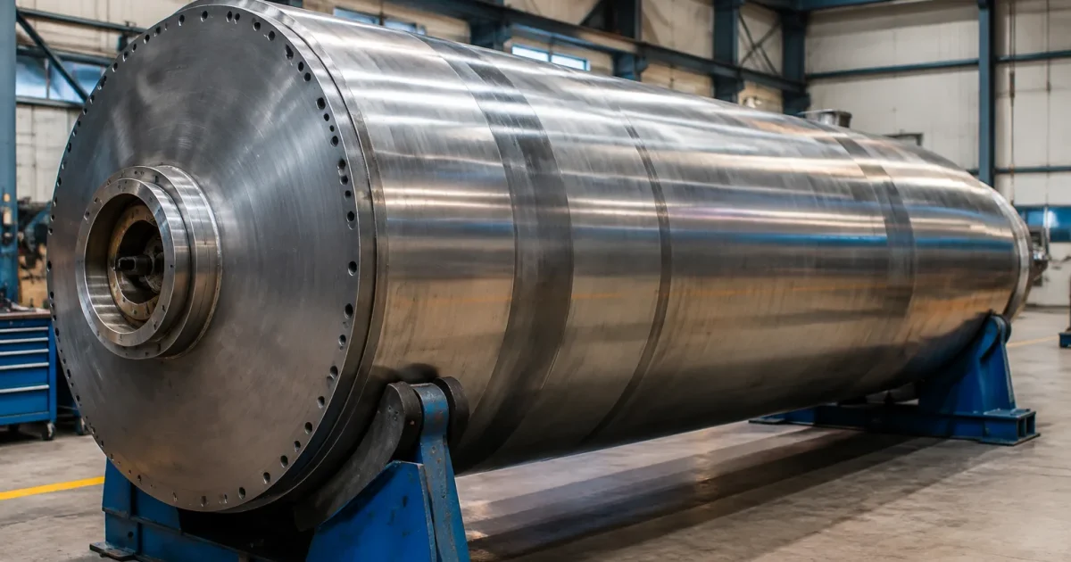 Immense secteur cylindrique métallique posé horizontalement dans atelier industriel