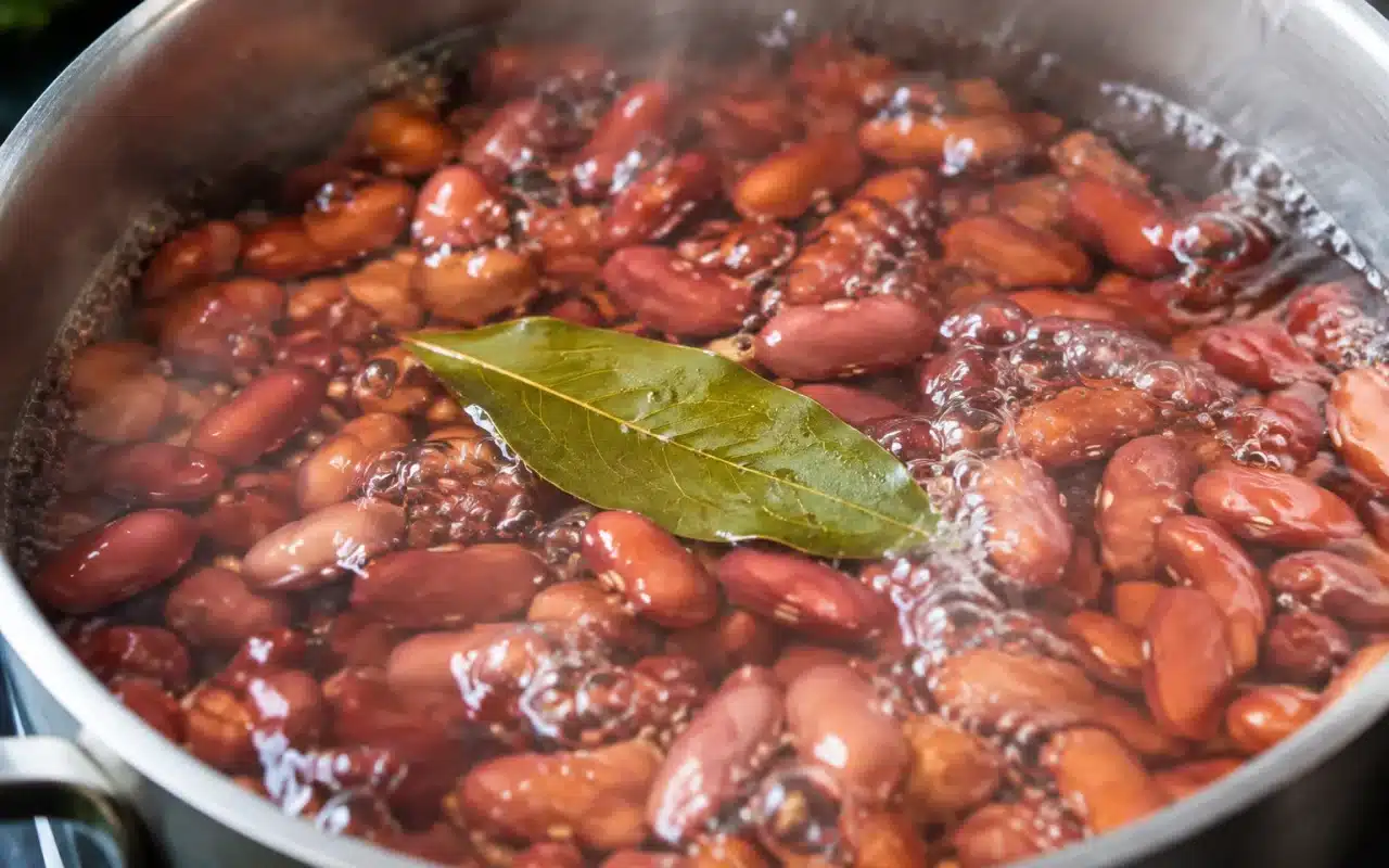 Feuille de laurier flottant a la surface d'une casserole remplie d'eau bouillante avec haricots