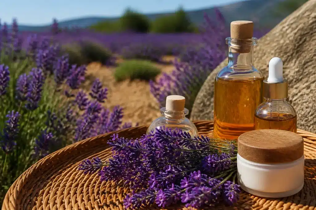 Champs de lavande provençale avec bouteilles de produits naturels