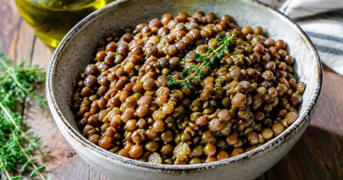 Bol de lentilles cuites arrosees d'huile d'olive verte brillante