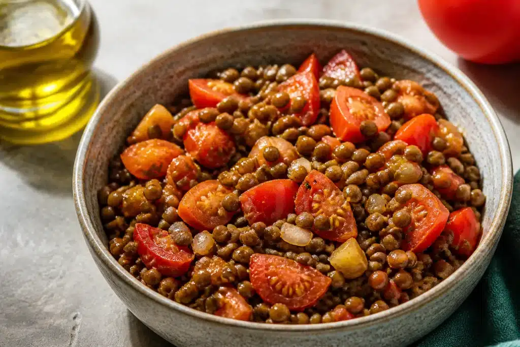 Lentilles cuites vertes avec tomates et huile dorée