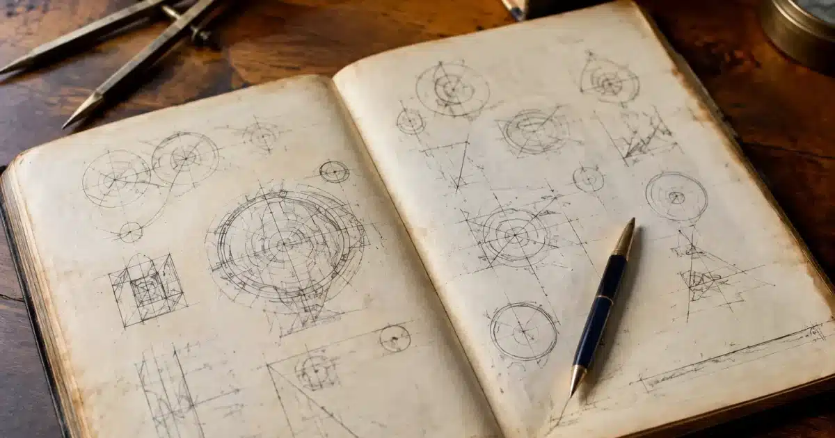 Croquis ancien montrant des annotations techniques manuscrites et des esquisses geometriques detaillees