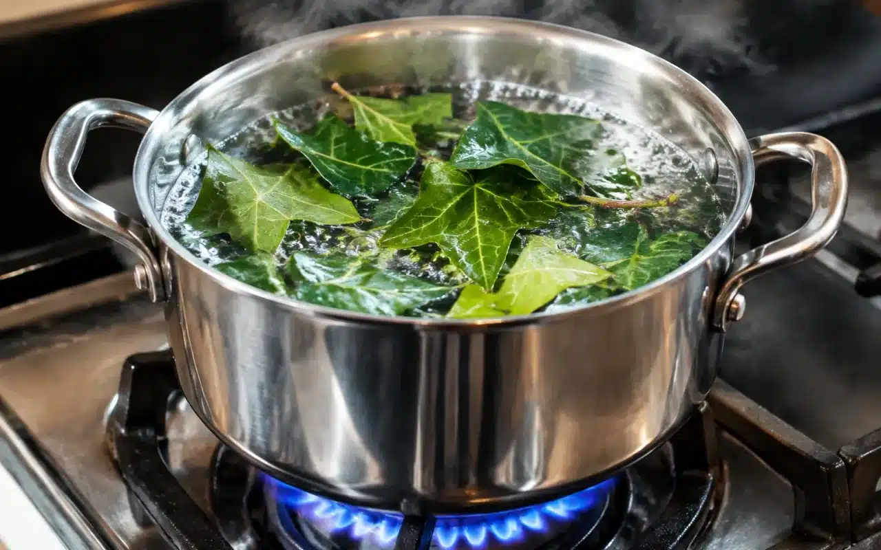 Pot d'eau bouillante contenant des feuilles de lierre immergees sur flamme