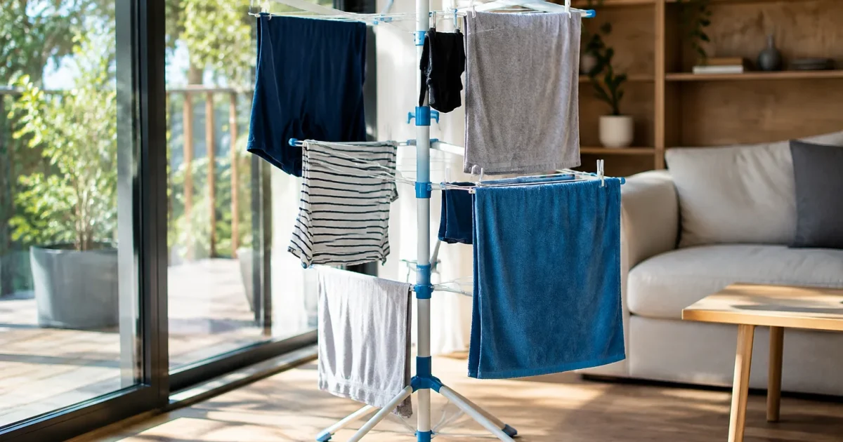 Linge humide accroche sur etendoir parapluie vertical compact