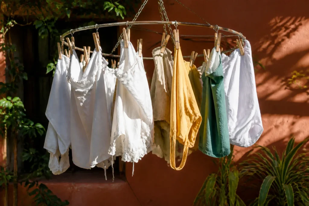 Linge humide suspendu sur structure circulaire metal