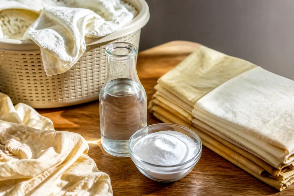 Linge jauni avec vinaigre blanc et bicarbonate