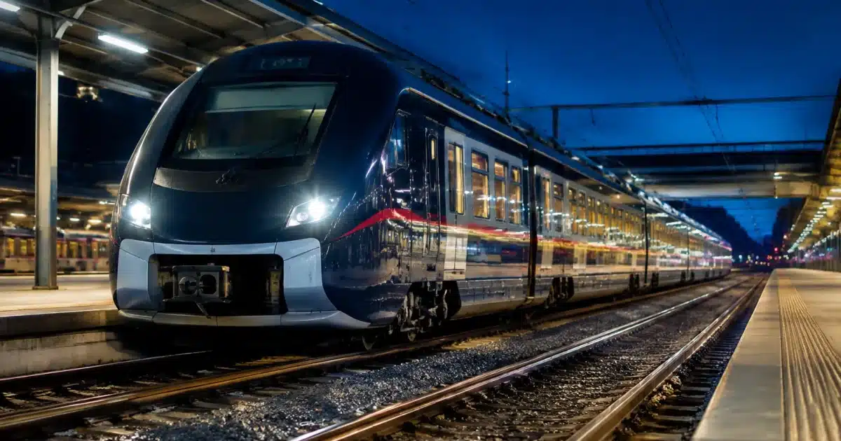 Train de nuit moderne immobilise en gare, rails brillants devant