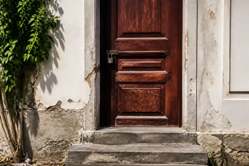 Bâtiment résidentiel avec serrure cadenas sur porte d'entrée fermée