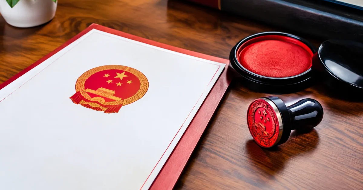 Documents juridiques etales sur bureau avec tampon officiel chinois applique