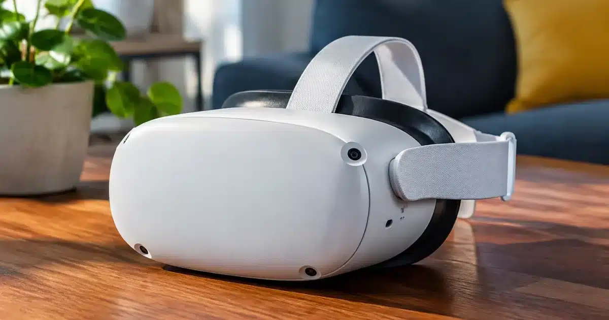 Casque de realite virtuelle Meta pose sur table europeenne