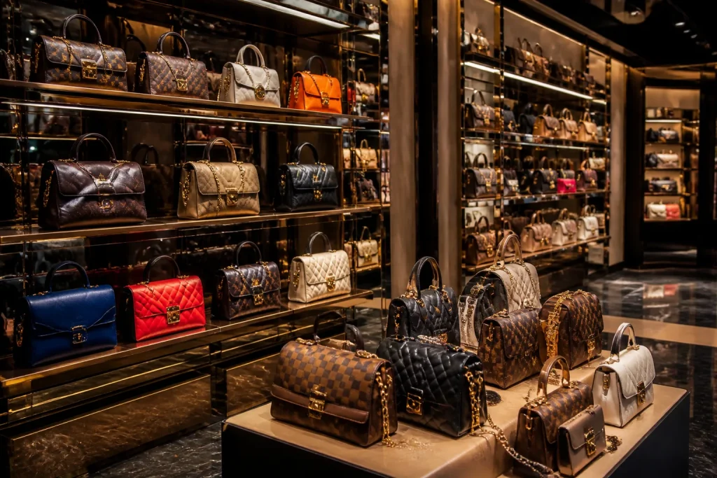 Boutique de luxe chinoise avec sacs contrefaits exposés