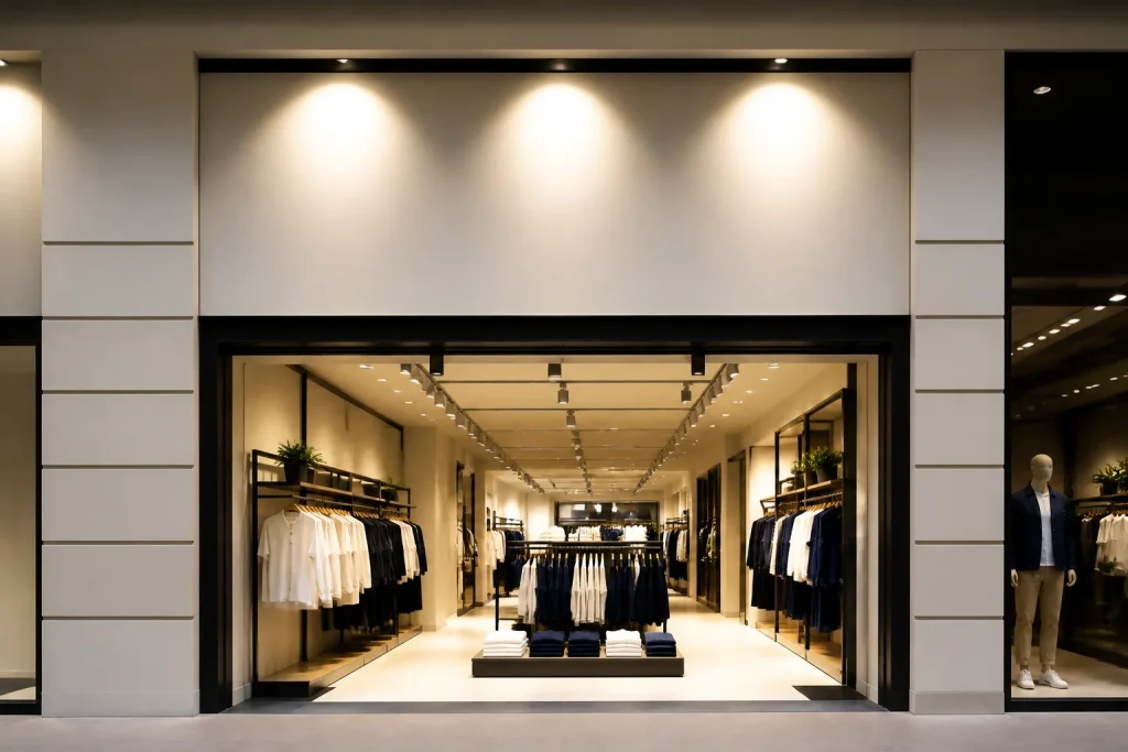 Logos magasins facades prix etiquettes blanches rangees