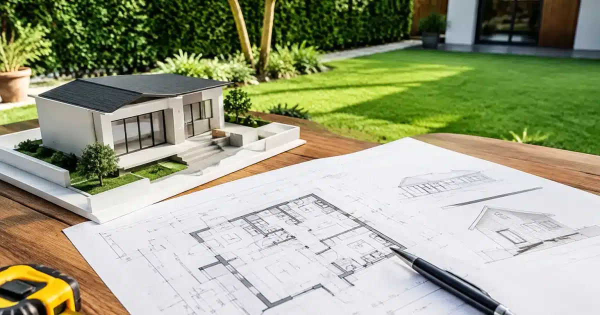 Plan d'architecte montrant maison moderne aux dimensions reduites