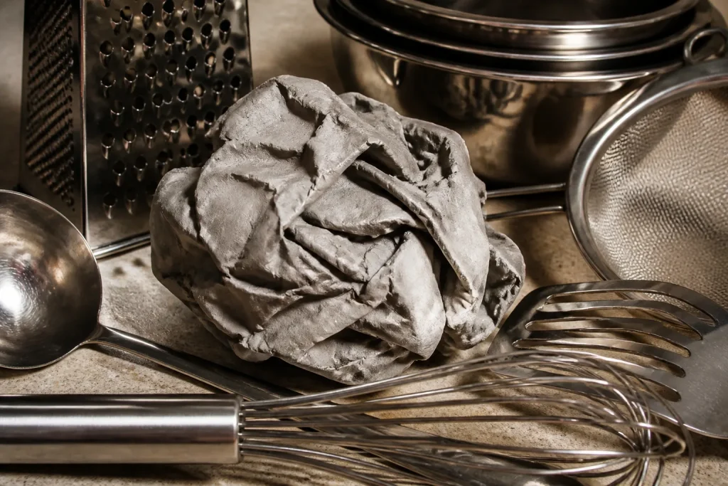 Masse grise froissee entouree ustensiles cuisine metalliques