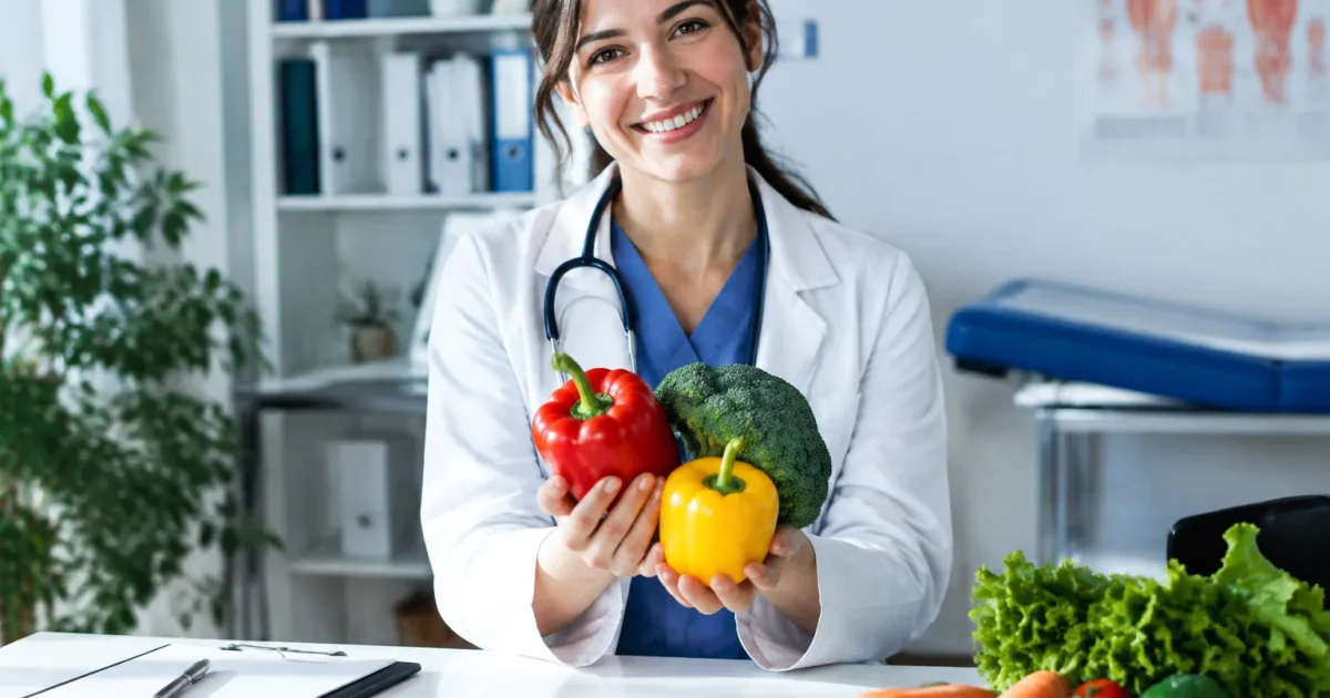 Medecin tenant legumes colores sur table medicale