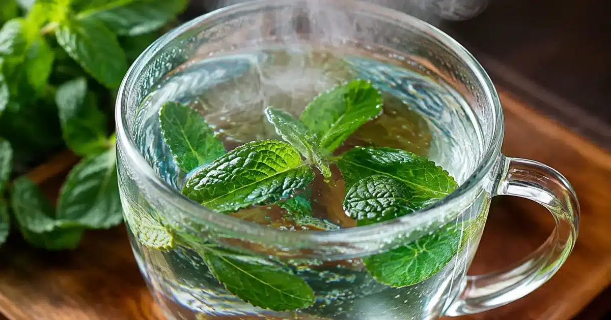 Quatre feuilles de menthe verte flottant dans une tasse d'eau bouillante fumante