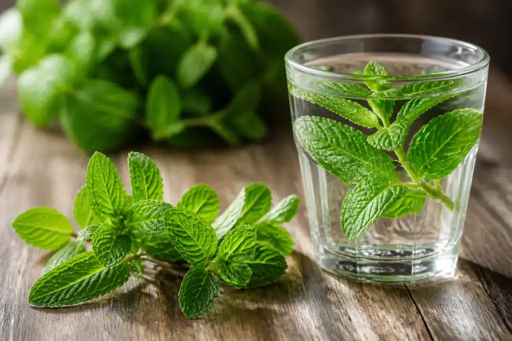 Feuilles de menthe fraiche avec verre d'eau