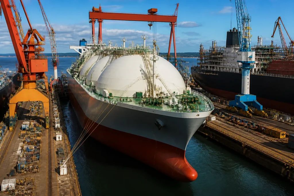 Methaniers geants et navires modernes au chantier