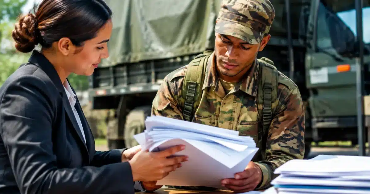 Soldats en uniforme recevant des documents financiers volumineux