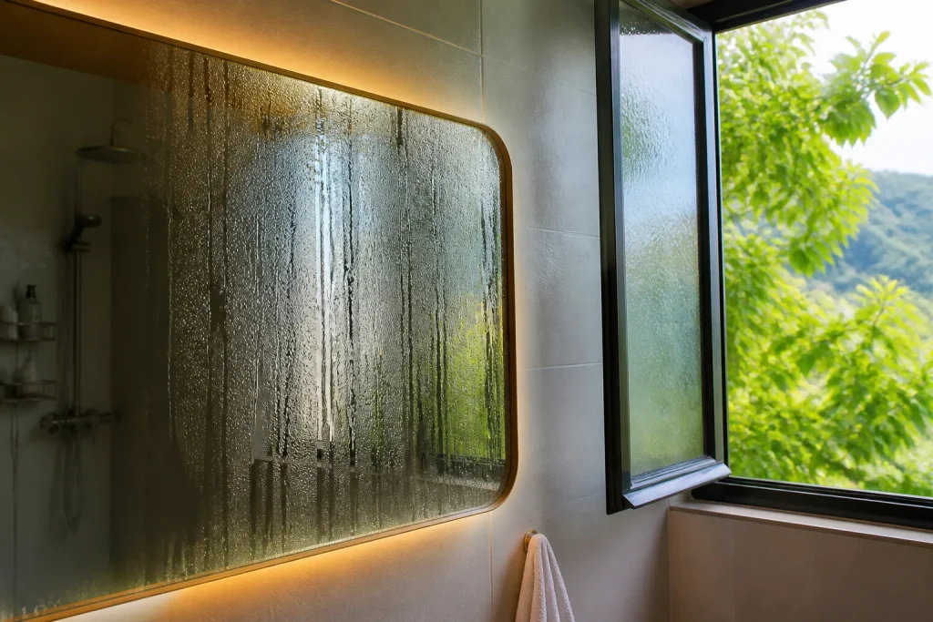 miroir salle bain couvert vapeur condensation avec fenetre ouverte