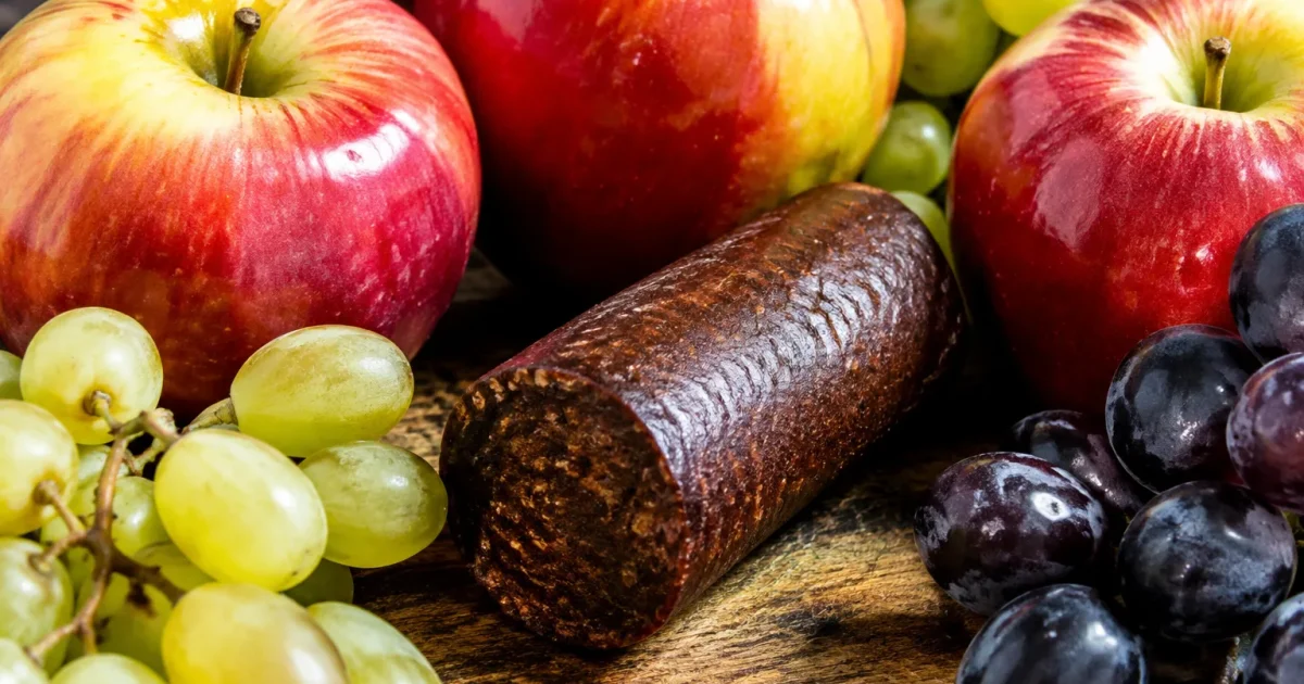 Morceau brun cylindrique pose entre pommes et raisins