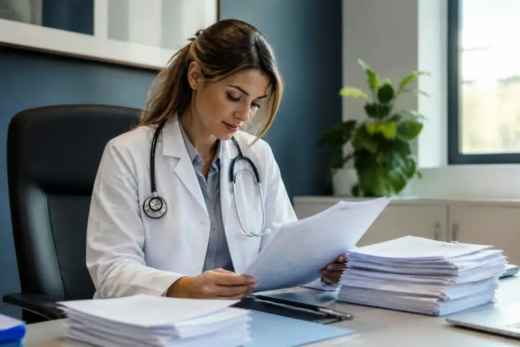 Femme consultant des dossiers medicaux avec stethoscope bureau